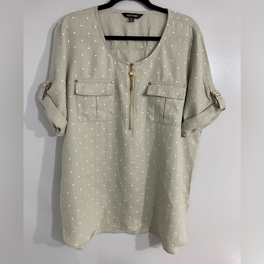 Ellen Tracy Beige Polka Dot Blouse Roll-Up 3/4 Sleeves 100% Linen Tunic Top SzXL